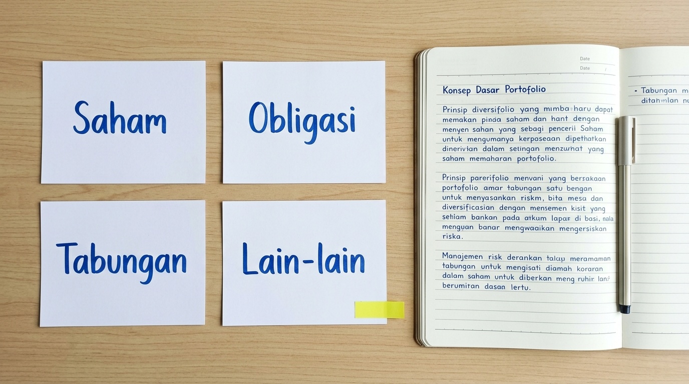 Ilustrasi pelajaran tentang konsep dasar portofolio dengan susunan kartu aset di atas meja kerja