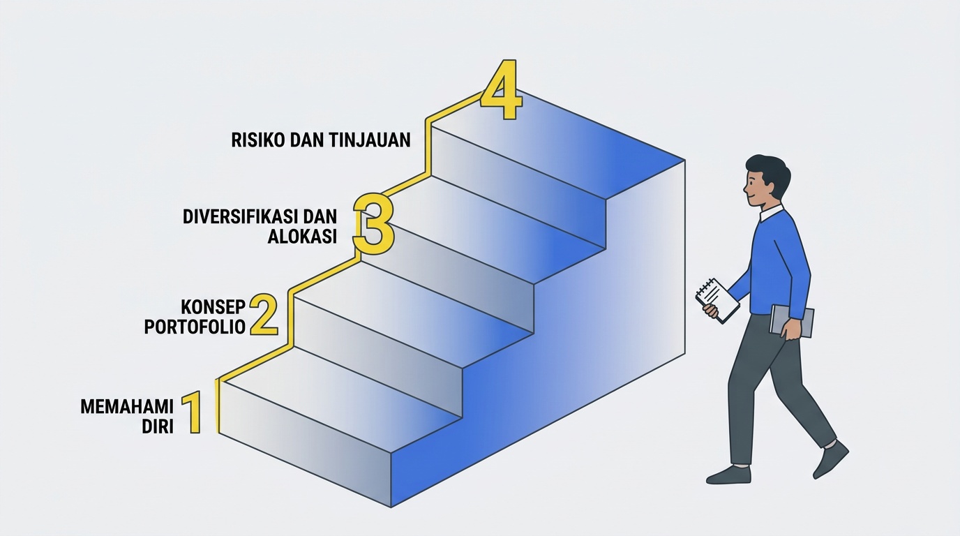 Ilustrasi tentang kerangka belajar portofolio bertahap dalam bentuk anak tangga belajar berturut-turut