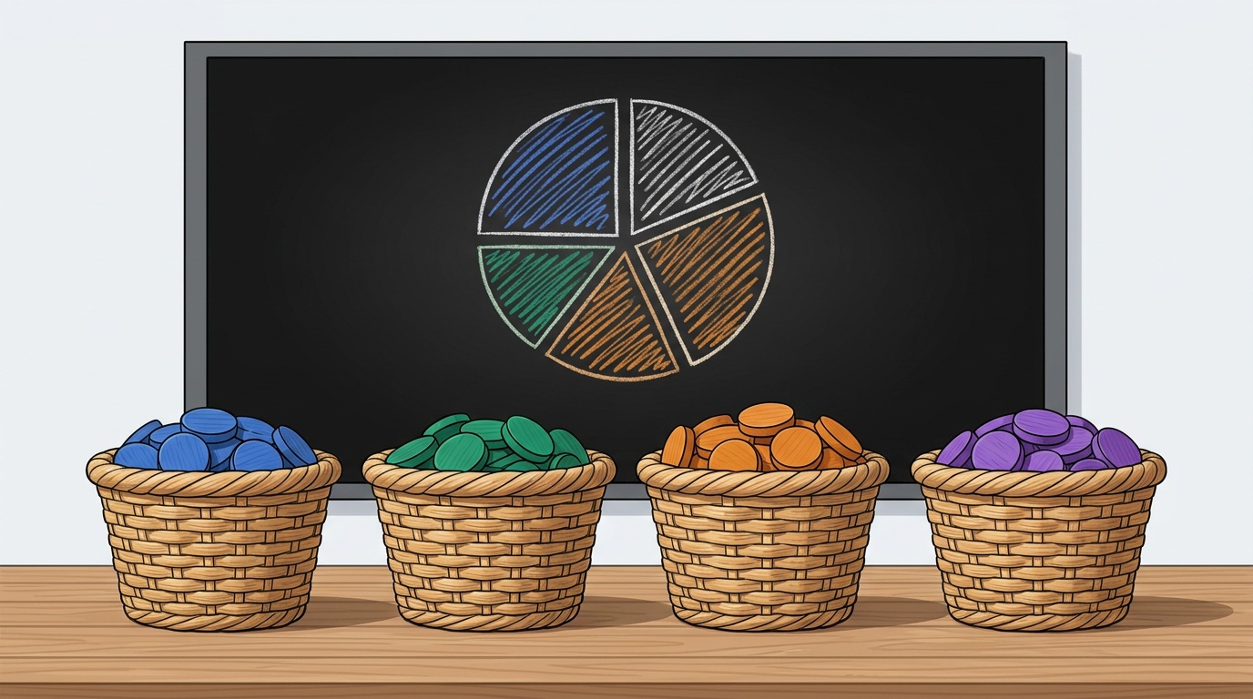 Ilustrasi pengenalan diversifikasi investasi berupa berbagai jenis aset yang dipisahkan dalam keranjang berbeda