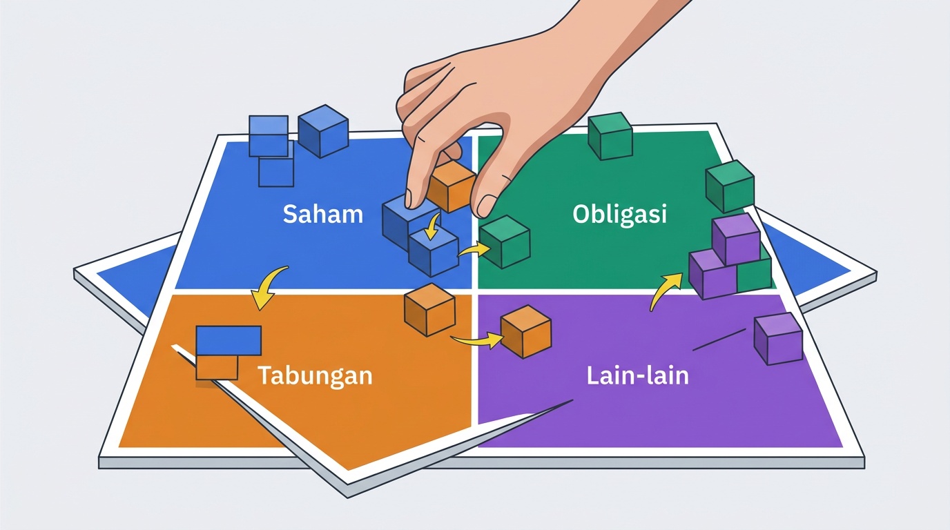 Ilustrasi pengenalan rebalancing portofolio jangka panjang dengan bagan susunan aset yang ditata ulang